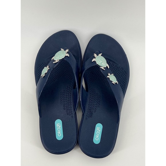 OkaB‎ Women's Navy Blue Turtle Embellished Flip Flops Comfort Sandals - Picture 3 of 4